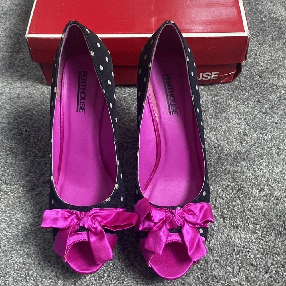 Penthouse Shoes by ellie Black White Polka Dots Pink Bows sz 9
